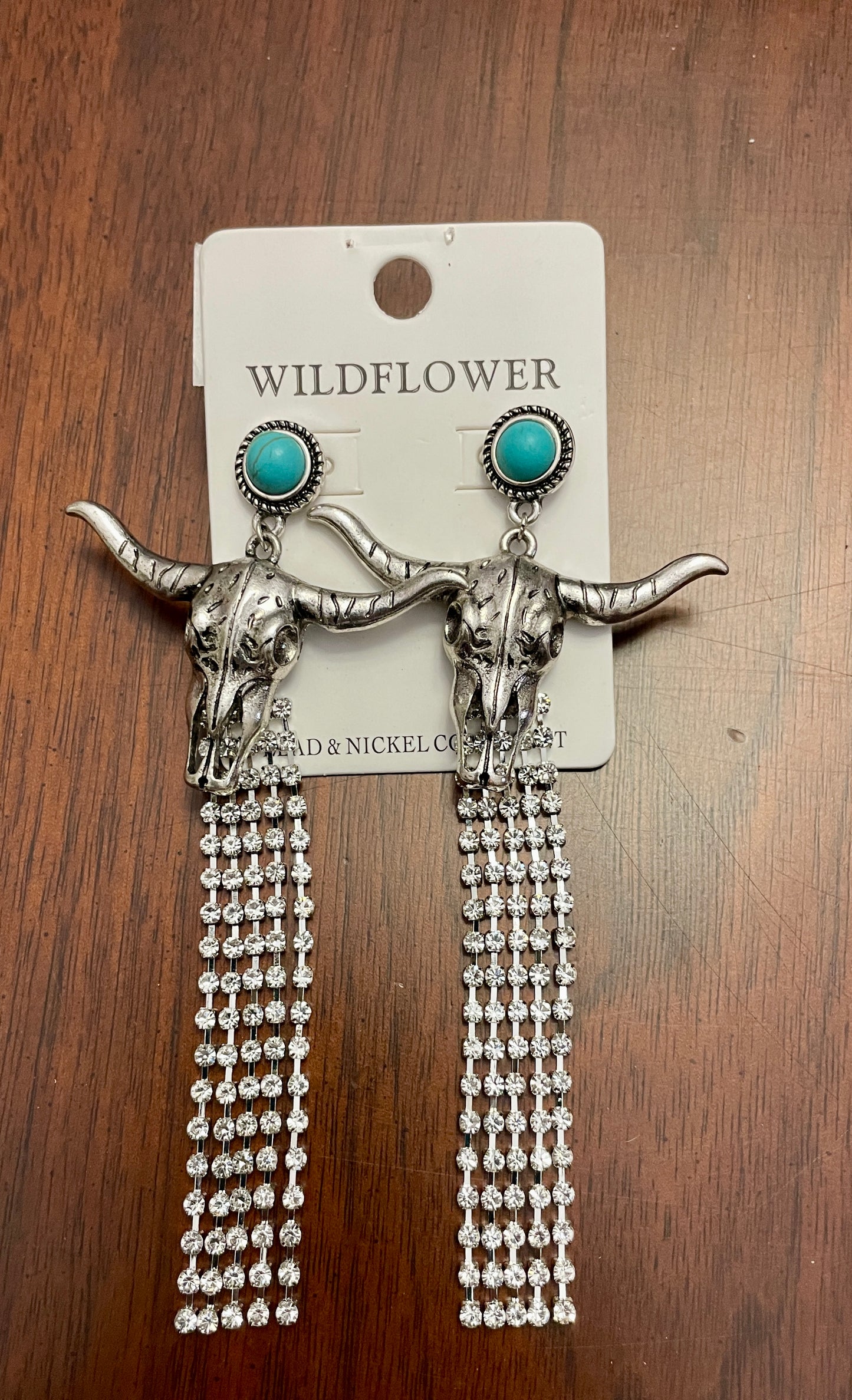 Wildflower Silver Skull Dangle Earrings with Turquoise Stone and Waterfall Rhinestones