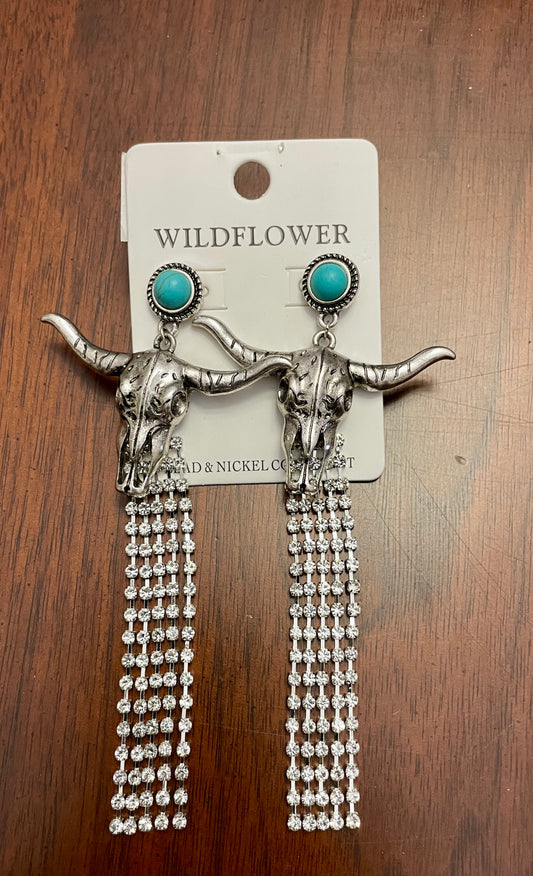 Wildflower Silver Skull Dangle Earrings with Turquoise Stone and Waterfall Rhinestones