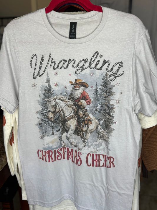Wrangling Christmas Cheer Graphic Tee with Rhinestones