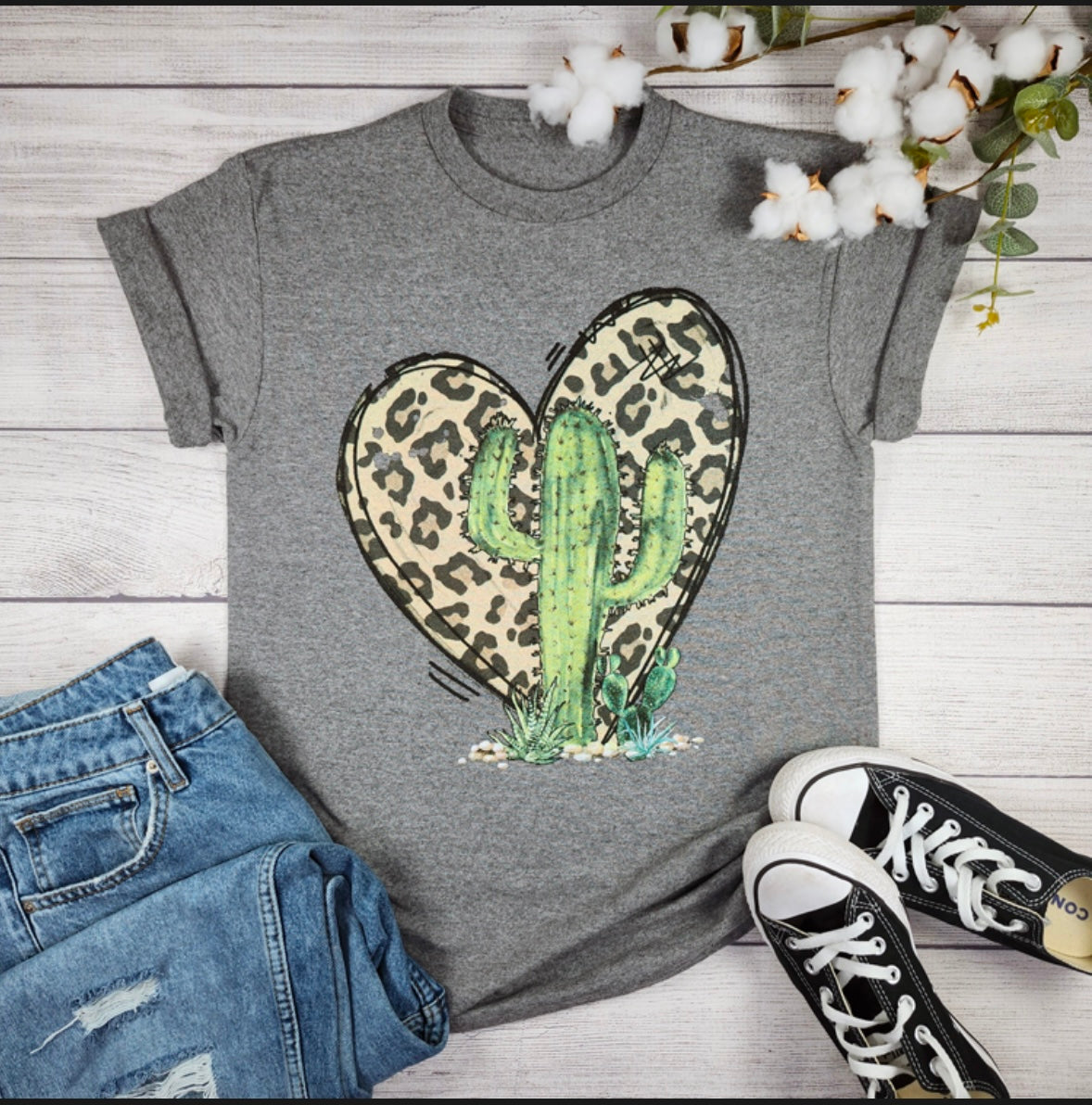 Grey with Leopard Heart Cactus Tee