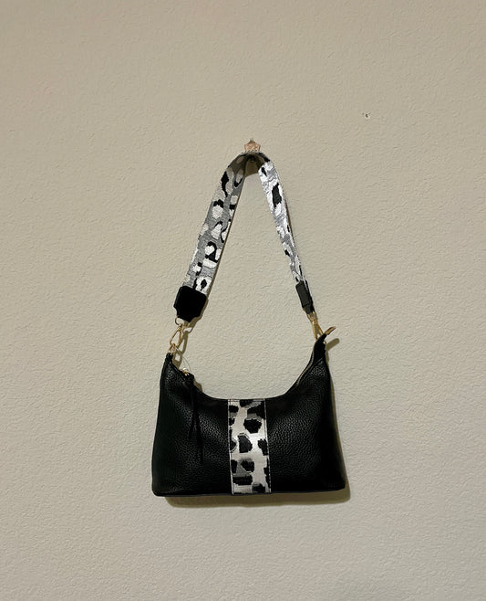 Black Small Purse with Silver Leopard Strap