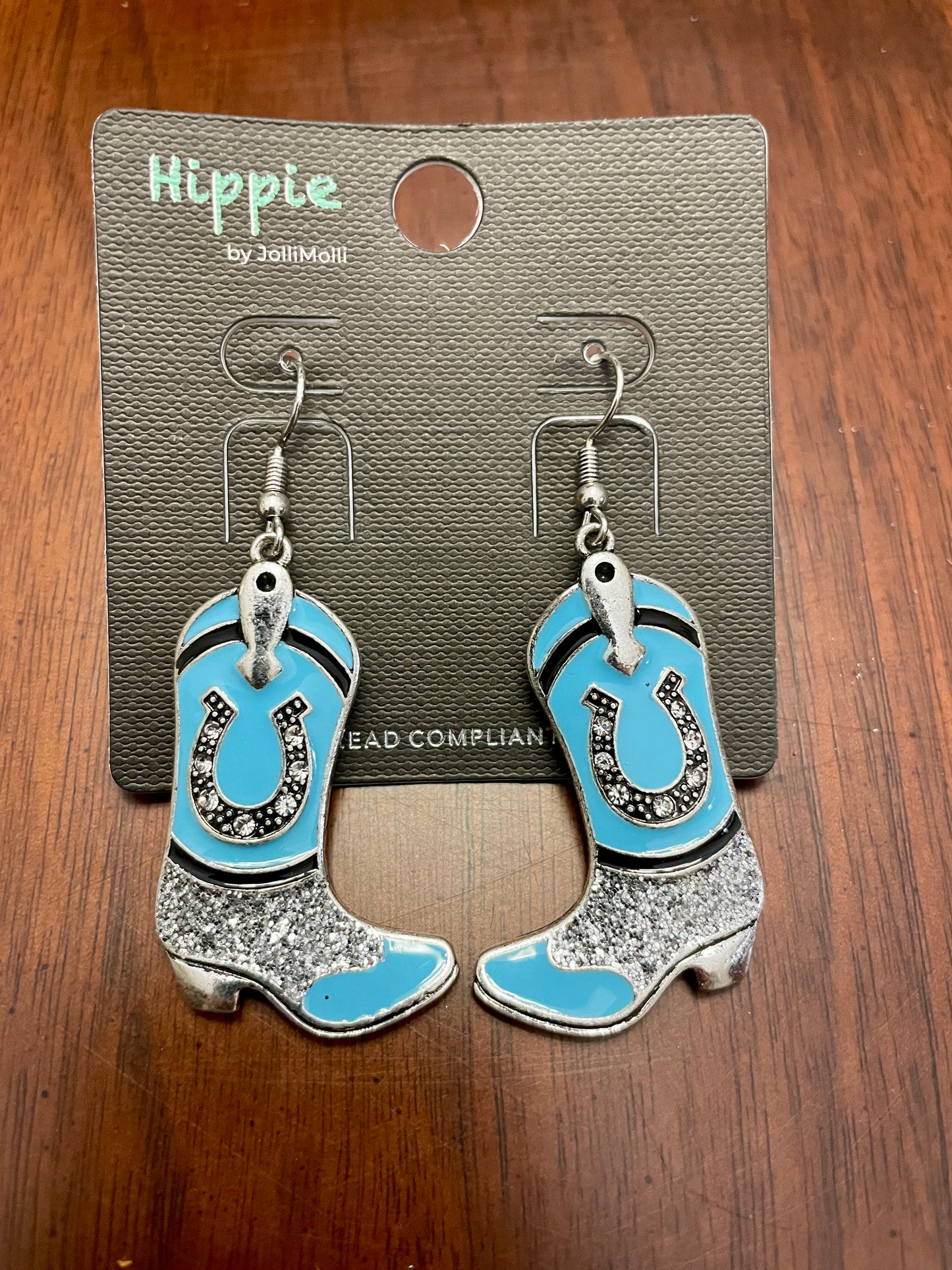 Turquoise Boot Earrings with Horseshoe and Rhinestones