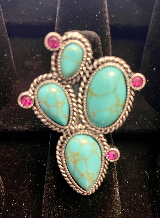 Turquoise 4 Stone Cactus Ring with Pink Stones