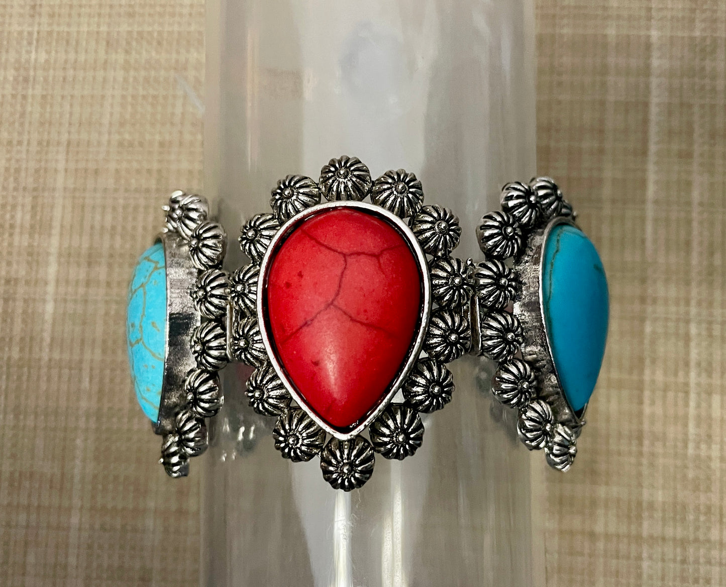 Silver Bracelet with 6 Red & Turquoise Stones