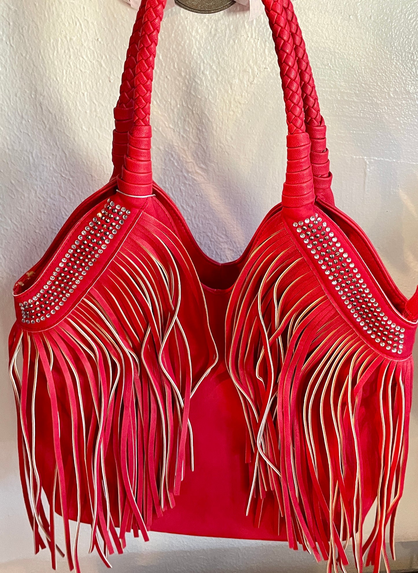 Red Handbag with Rhinestones and Fringe