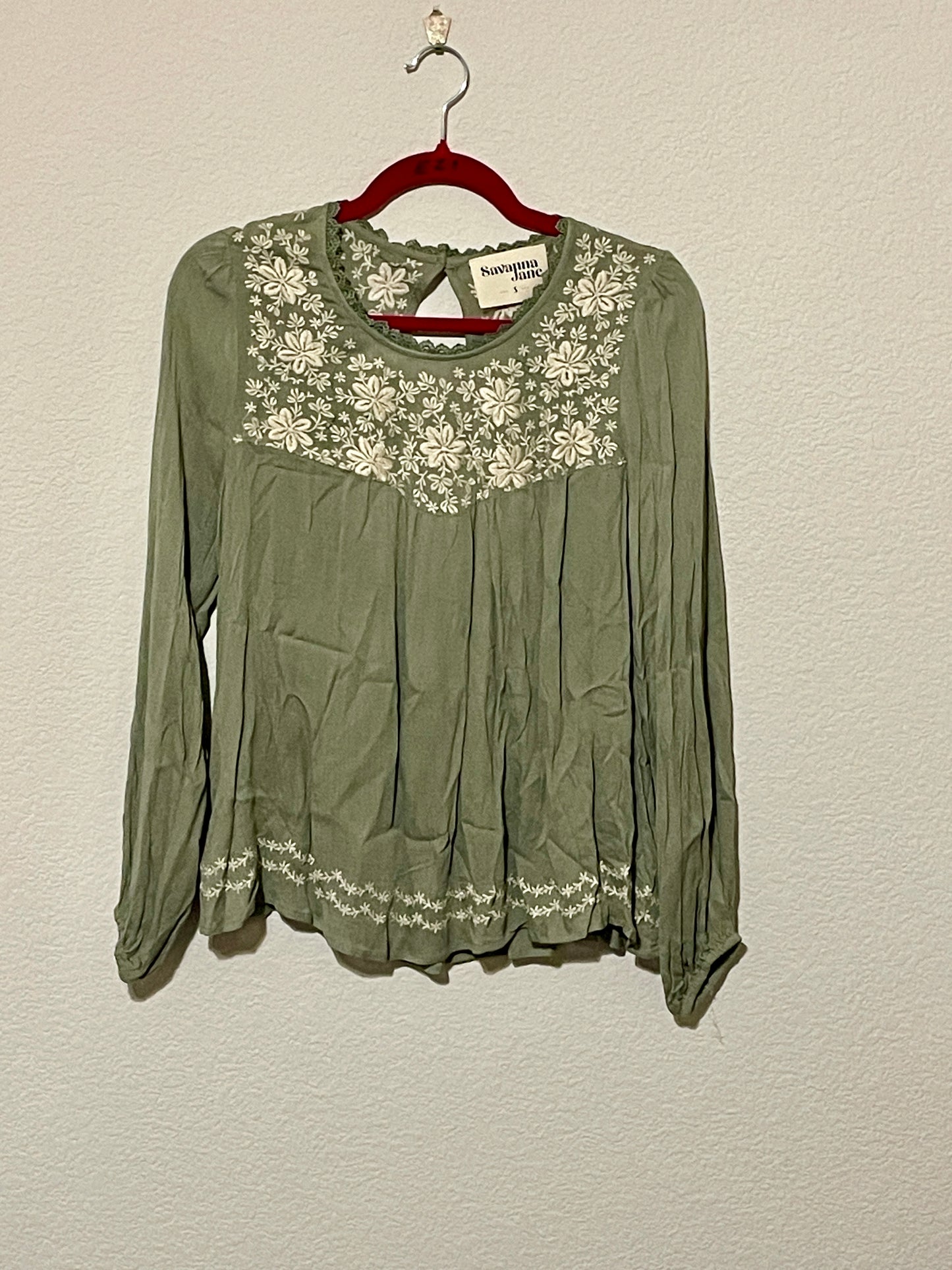 Savannah Jane Olive w/ Cream Flowers Blouse