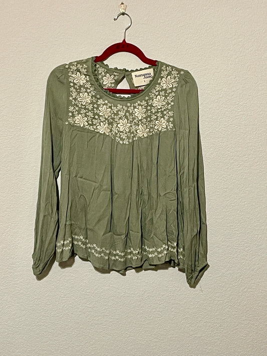 Savannah Jane Olive w/ Cream Flowers Blouse