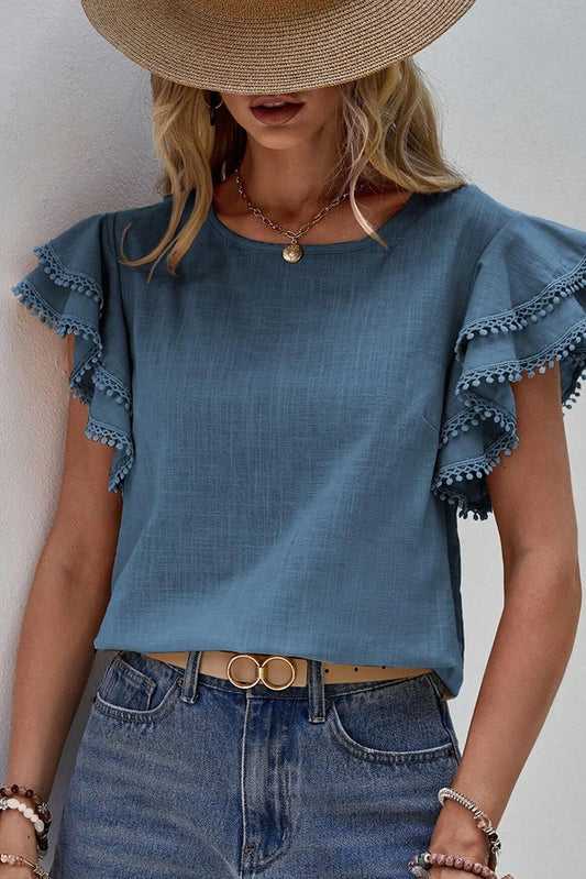 Plain Ruffle Sleeves Crew
Neck Top - Blue