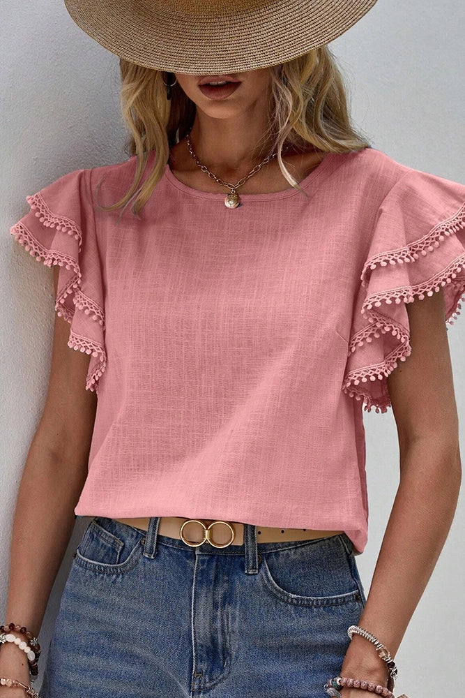 Plain Ruffle Sleeves Crew
Neck Top - Pink