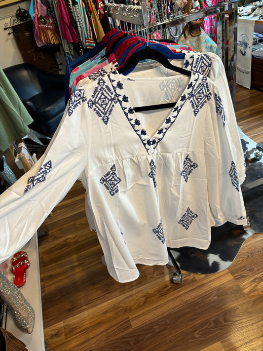 White and Blue Boho Geometic V Neck Blouse