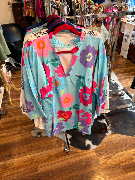 Plus size Baby Blue Blouse with Neon Flowers