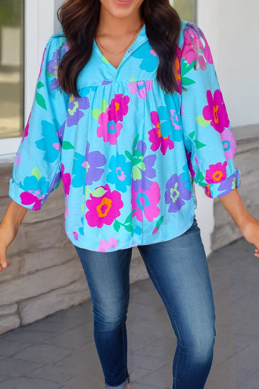 Plus size Baby Blue Blouse with Neon Flowers