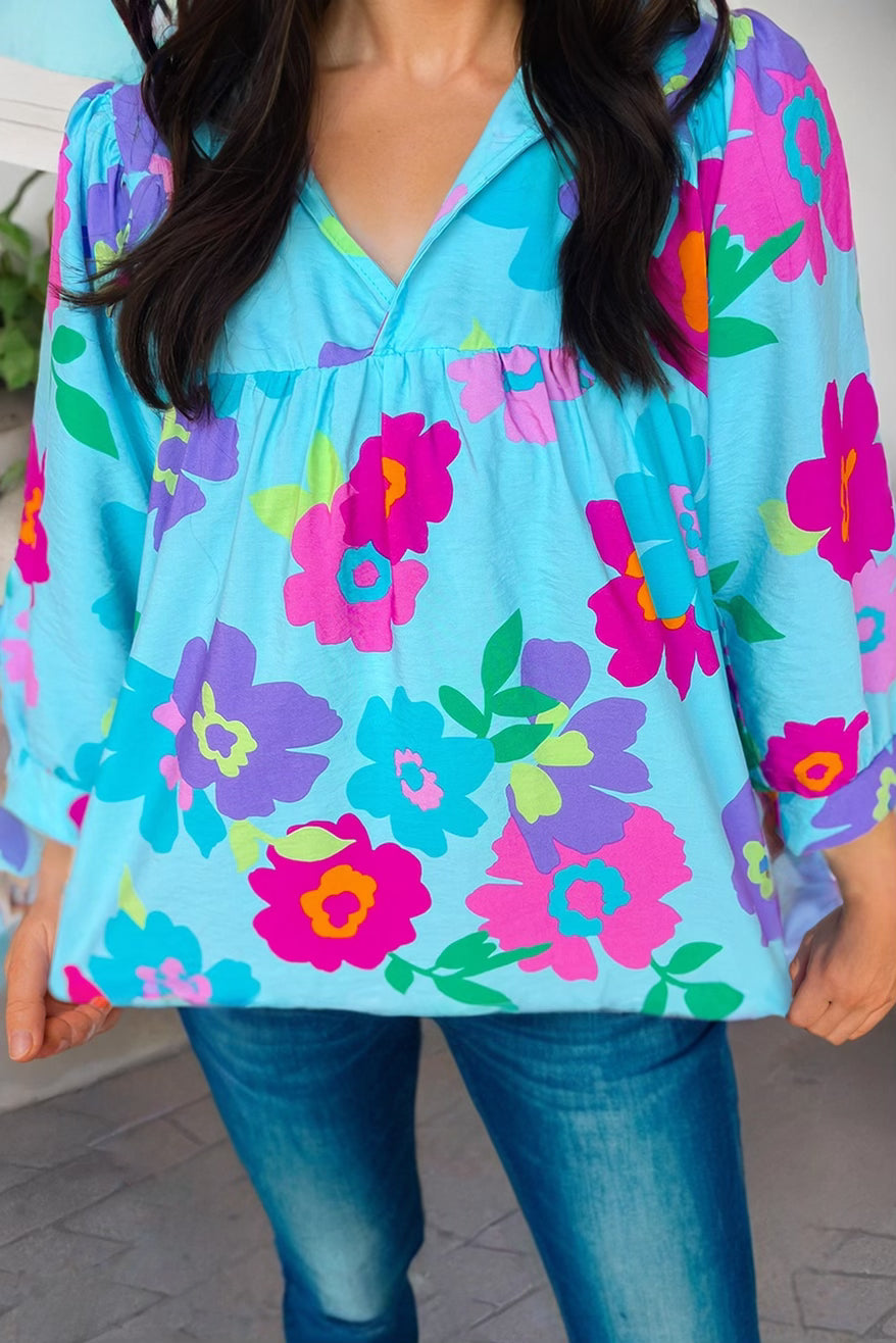 Plus size Baby Blue Blouse with Neon Flowers