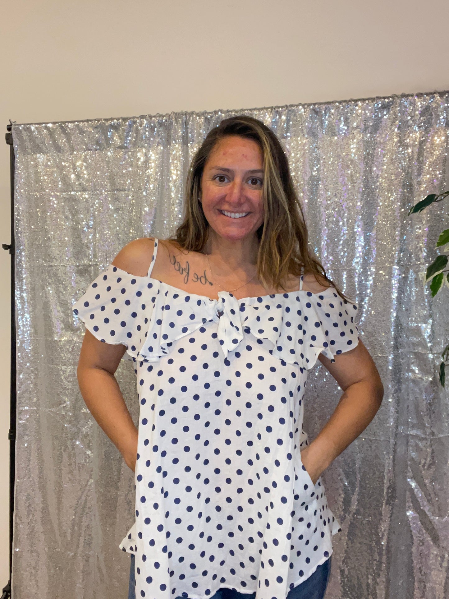 Blue and White Polka Dot Cold Shoulder Top