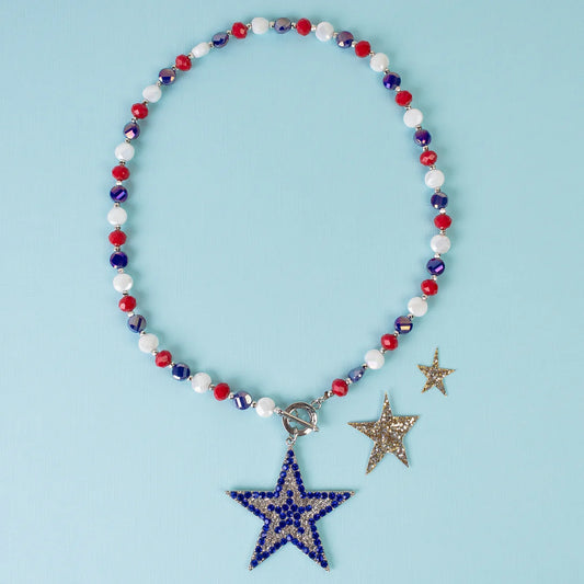 Red and White Beaded Necklace with Rhinestone Blue Star pendant