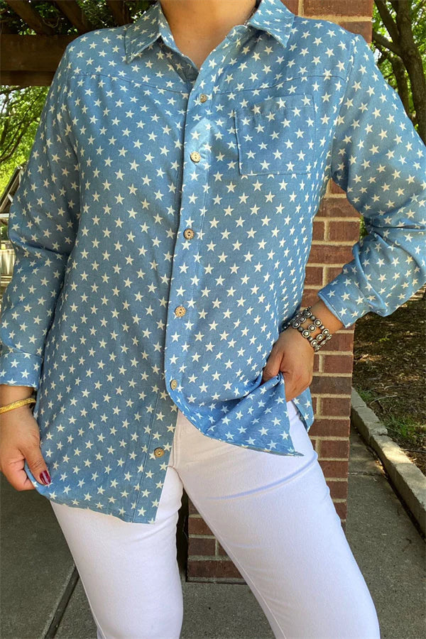 Blue Denim w/White Stars Button up L/S Top