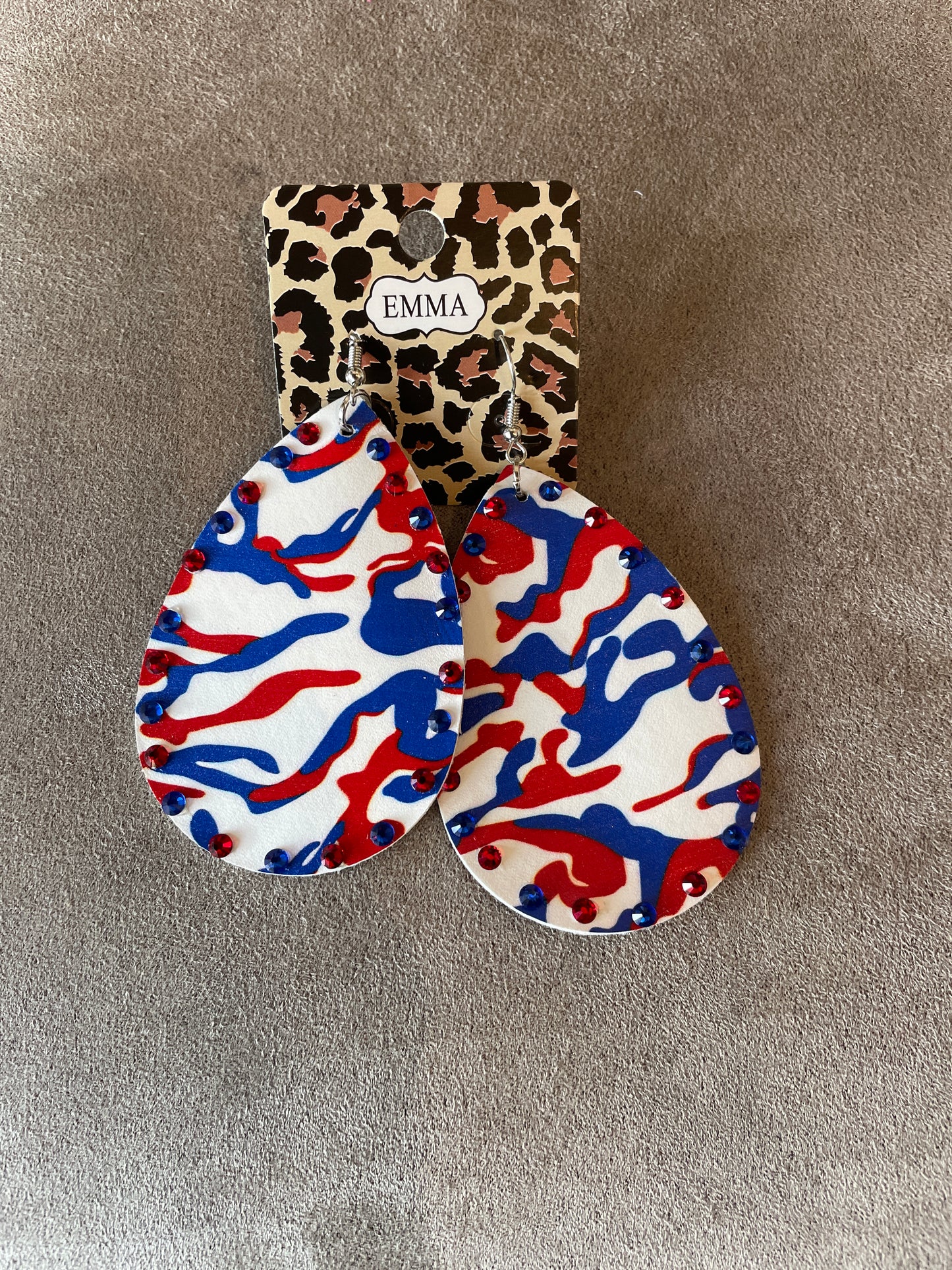 Red, White & Blue Swirl Teardrop Earrings with Rhinestones