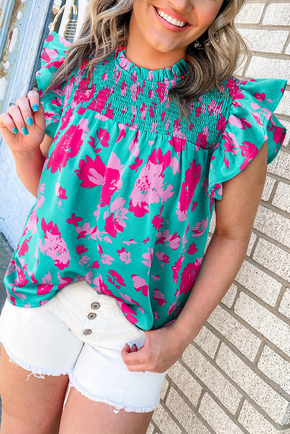 Green Floral Ruffled Flutter
Sleeve Ruched Blouse