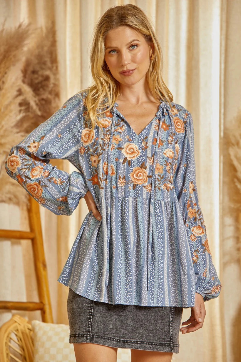 Savannah Jane Blue Blouse with colorful Flowers