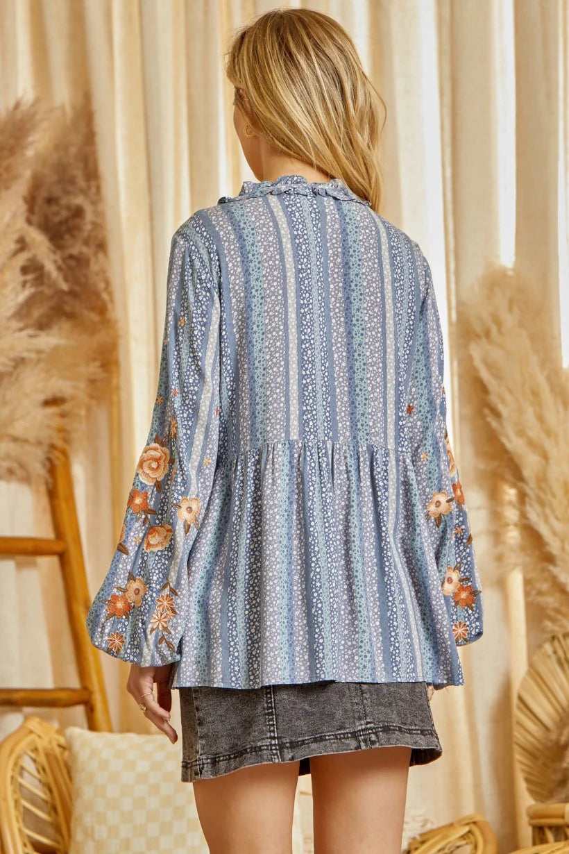 Savannah Jane Blue Blouse with colorful Flowers