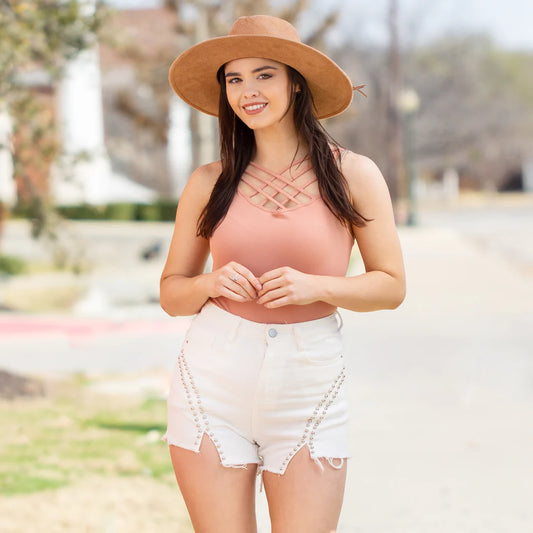 White Denim Shorts with Silver Accents