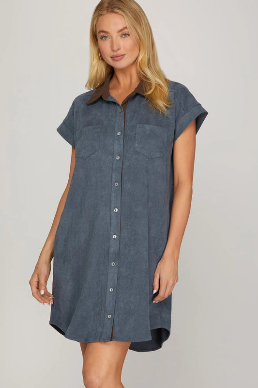 She & Sky Denim and Brown Short Sleeve Button Down Dress with Collar