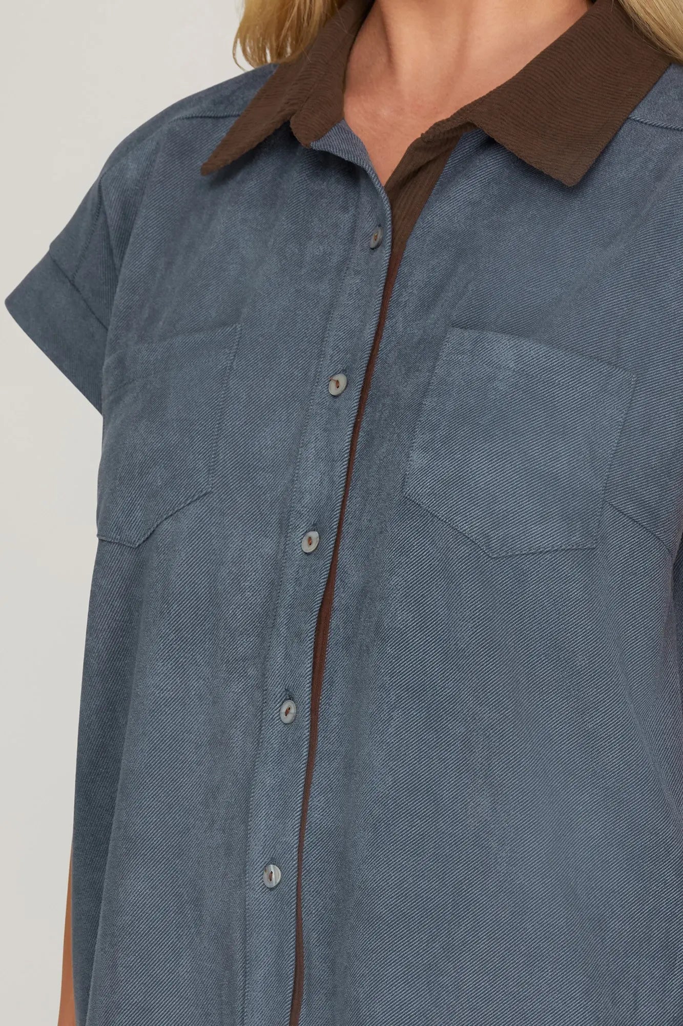 She & Sky Denim and Brown Short Sleeve Button Down Dress with Collar