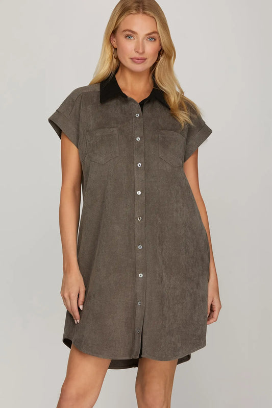 She & Sky Brown Short Sleeve Button Down Dress