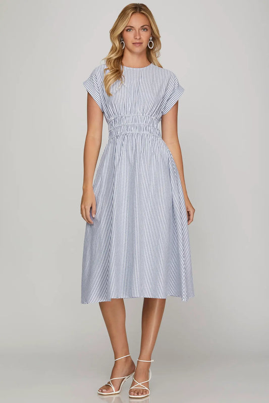 She & Sky Blue and White Striped Midi Dress