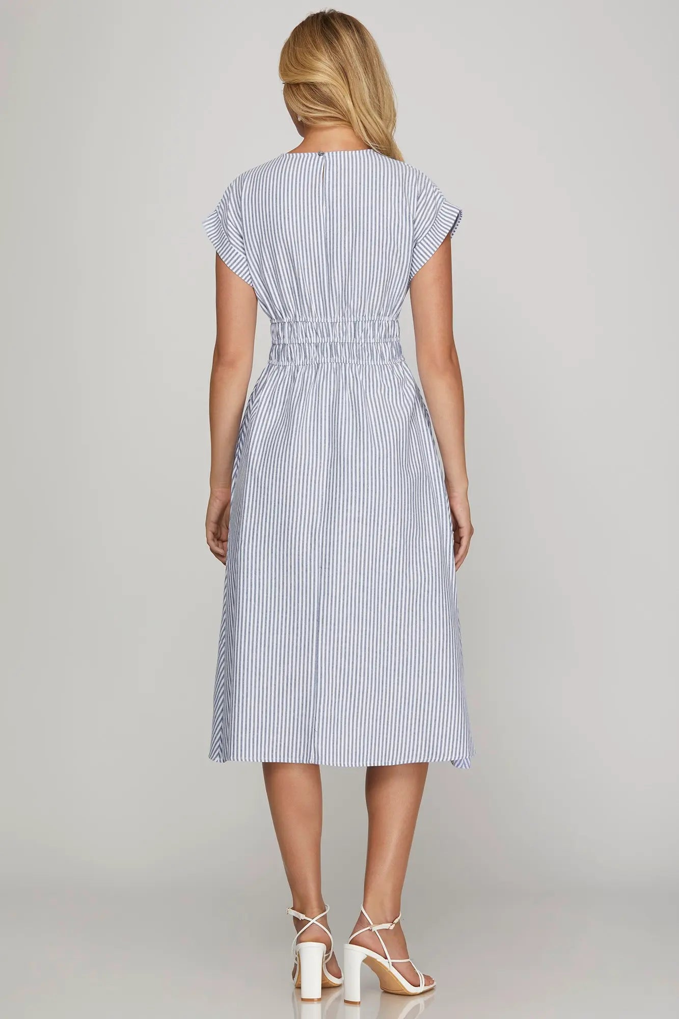 She & Sky Blue and White Striped Midi Dress
