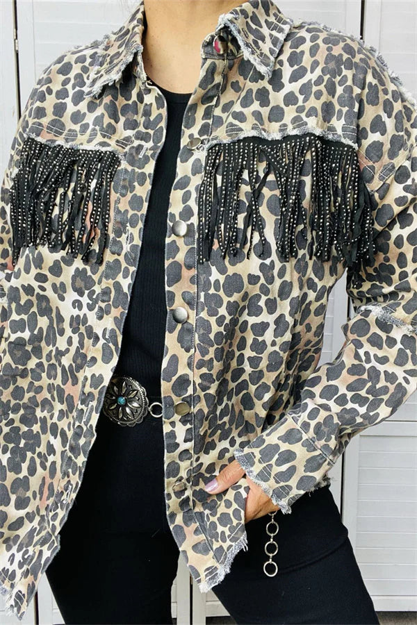 Cheetah Print Shacket with Rhinestone Fringe