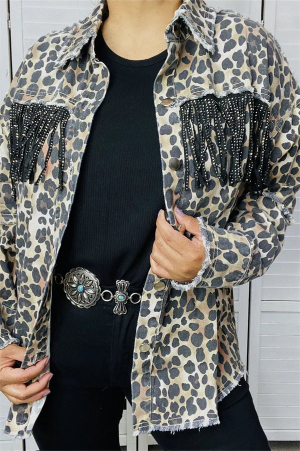 Cheetah Print Shacket with Rhinestone Fringe