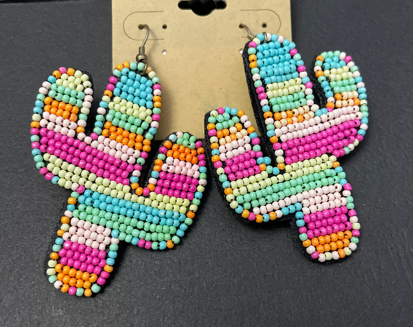 Multi Colored Striped Beaded Cactus Earrings