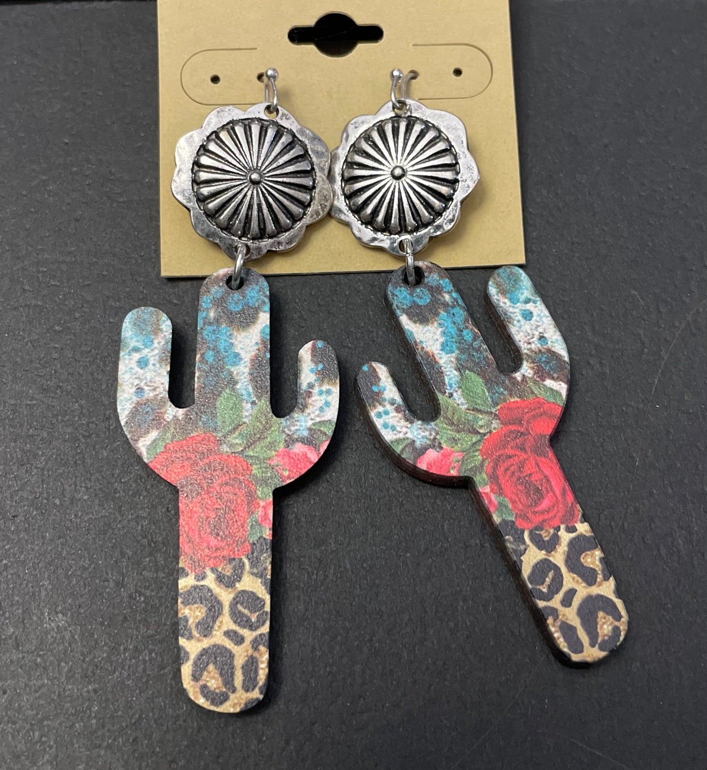 Rose and Leopard Cactus Cutout Earrings