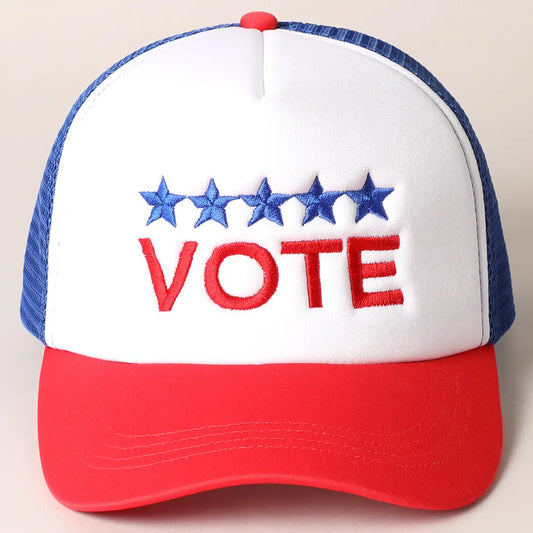 Vote Letter Embroidered Mesh Back Blue Trucker Hat