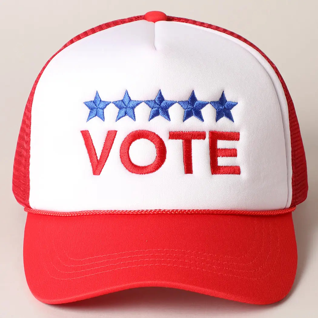 Vote Letter Embroidered Mesh Back Red Trucker Hat