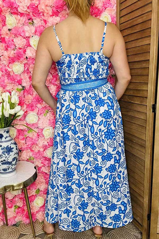 Blue & White Floral Maxi Dress with Pockets