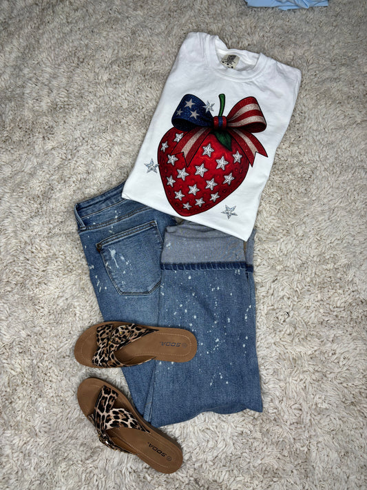 White Graphic Tee Strawberry American Flag Bow