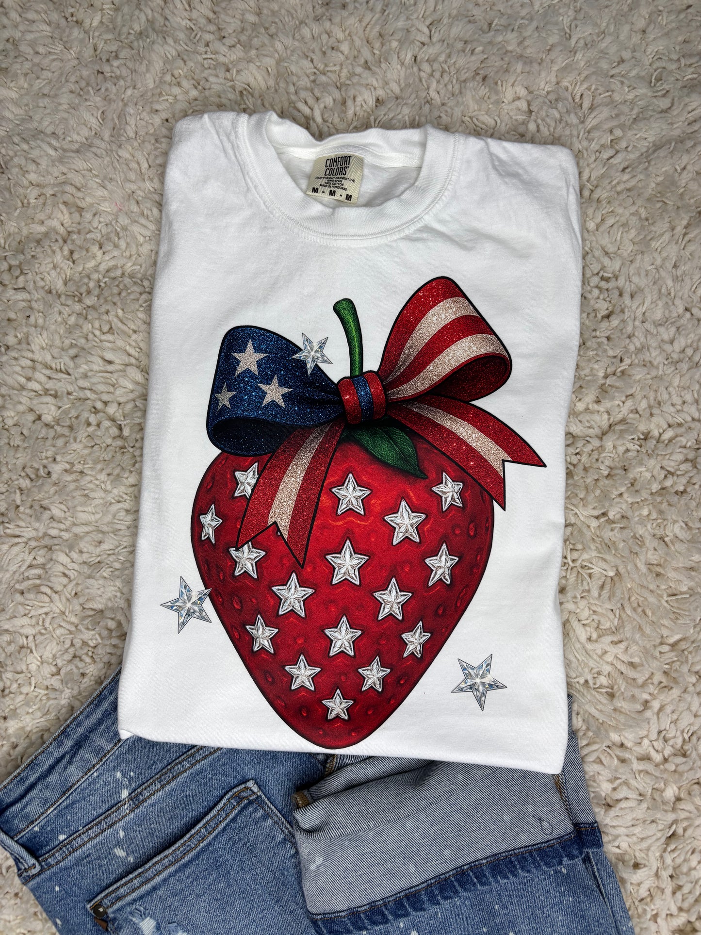 White Graphic Tee Strawberry American Flag Bow