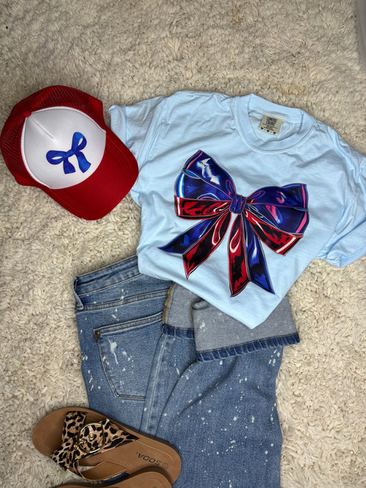 Baby Blue with Red & Blue Bow Graphic Tee