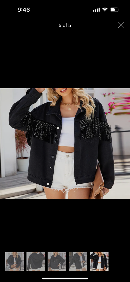 Rivet Fringe Black Denim Jacket