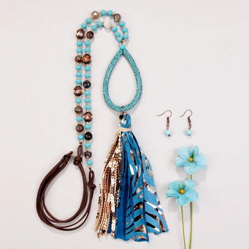 Light Blue Tassel Beaded Necklace with matching Earrings