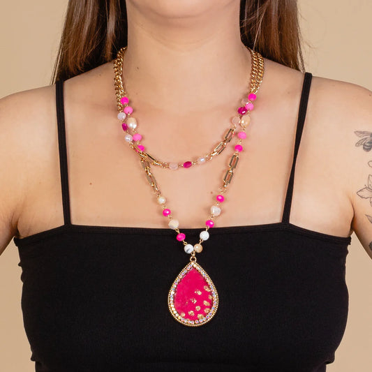 Pink and Gold Two Layered Necklace with Pink Leopard Tear Drop Pendant