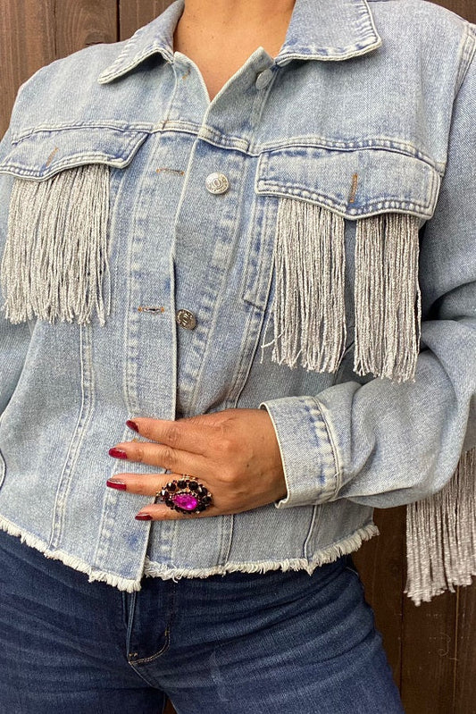 Denim Box Cut Jacket with Silver Soft Fringe