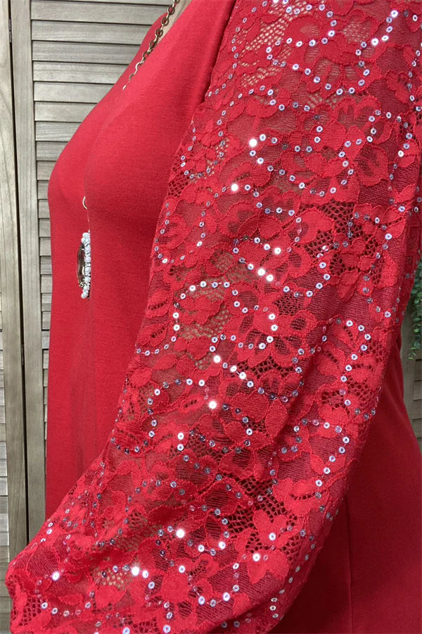 Red Vneck Blouse with Sequined Sleeves