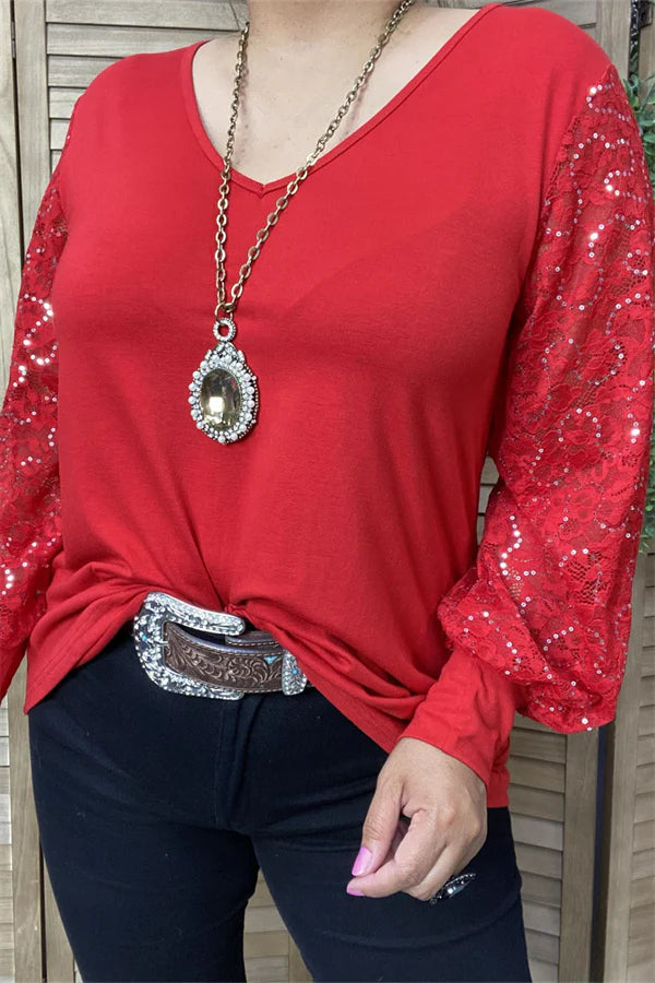 Red Vneck Blouse with Sequined Sleeves