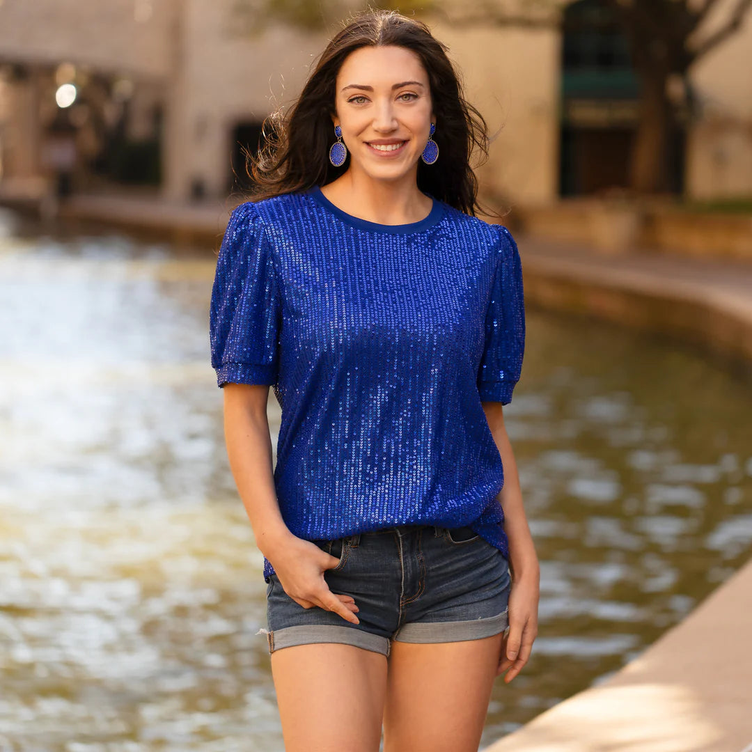 Blue Sequined Half Sleeve Top