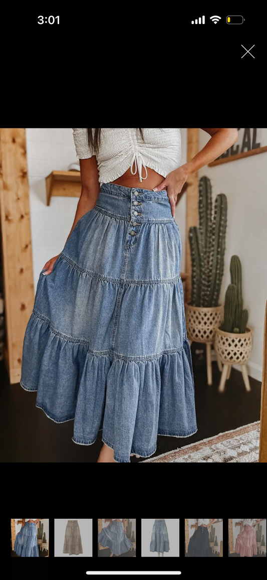 Western Ruffle Denim Hem Boho Skirt