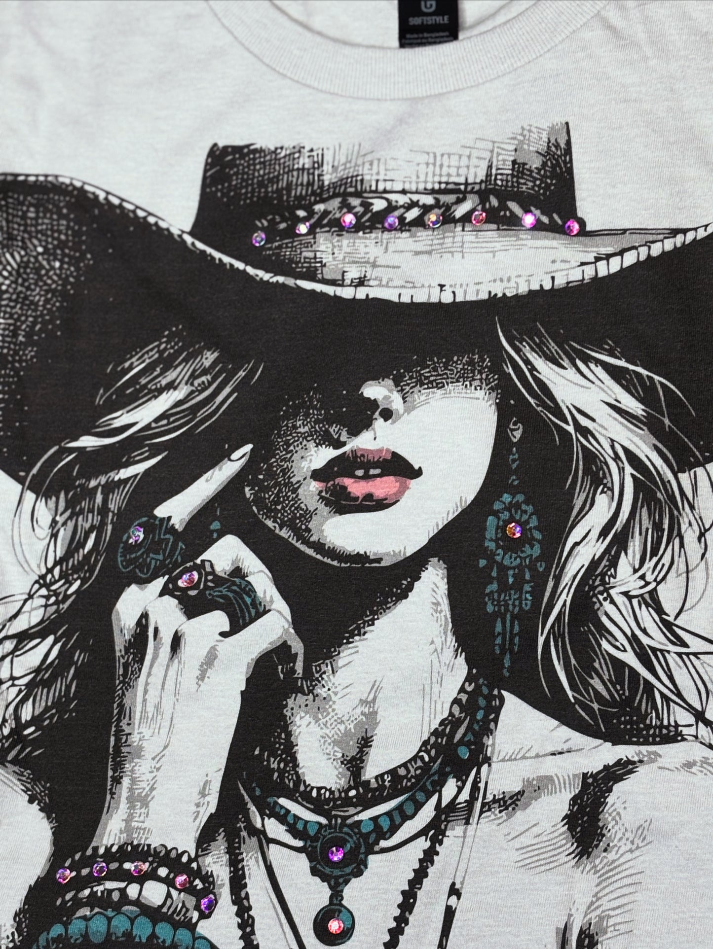 Gray Rhinestone Graphic Tee with Cowgirl and AB stones