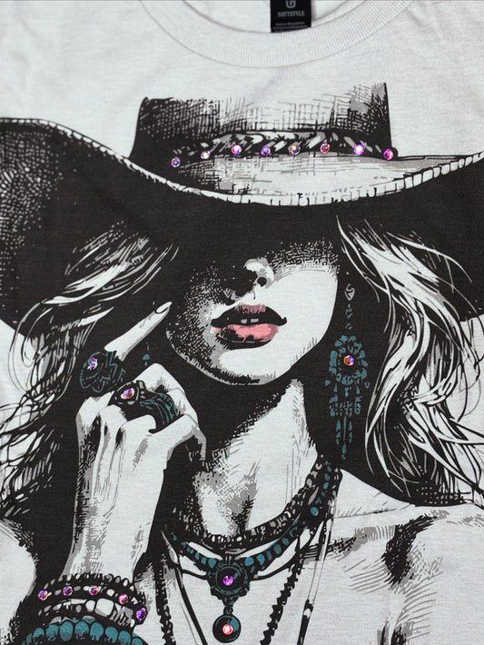 Gray Rhinestone Graphic Tee with Cowgirl and AB stones